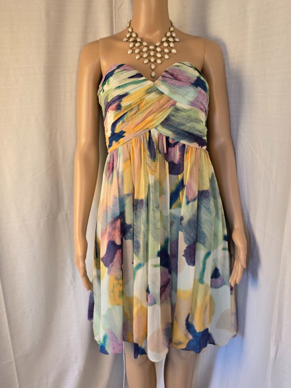 Donna Morgan 100% Silk Blue, Yellow, Green Strapless Summer Dress Size 6